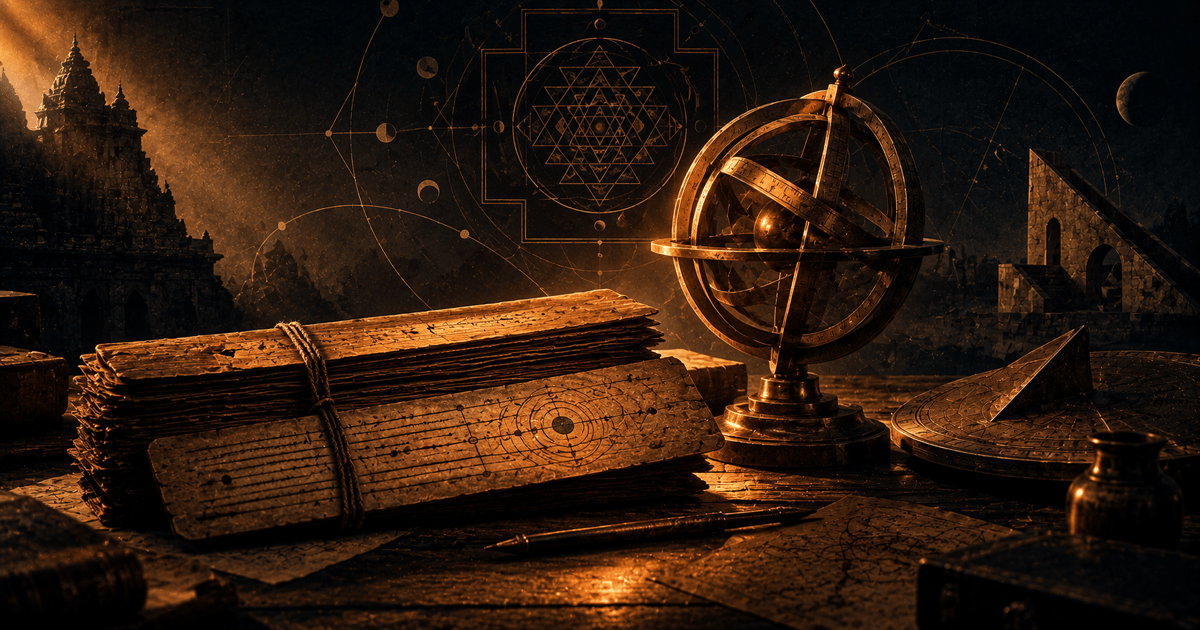 Ancient Indian manuscripts beside astronomical instruments and temple architecture