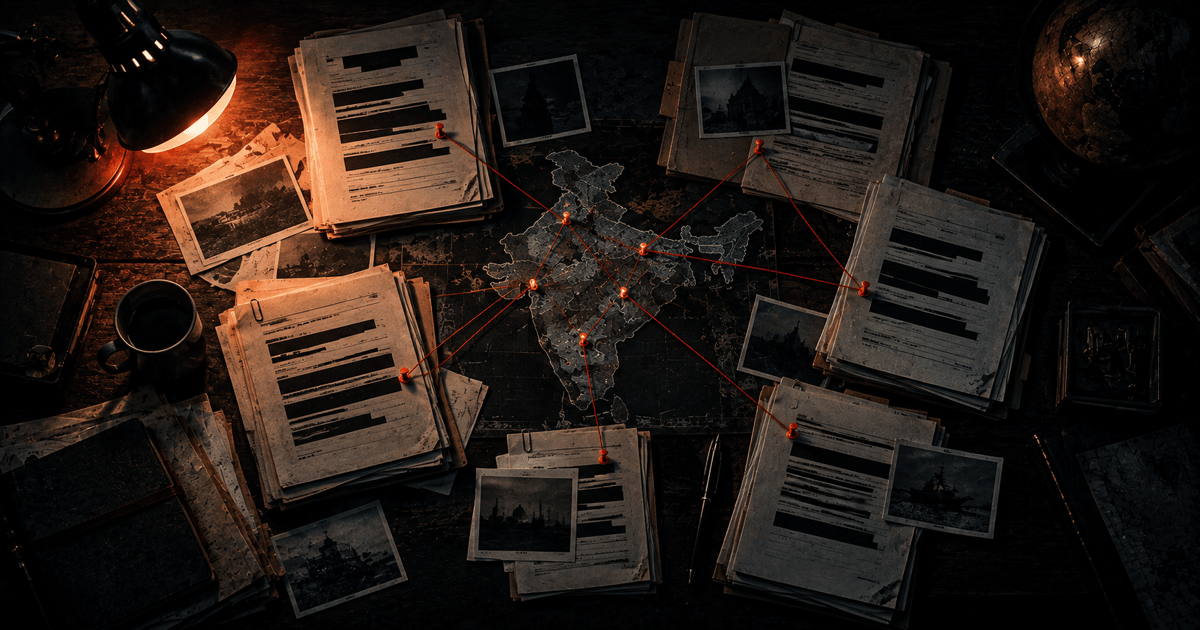 Investigation files connected by red thread across a map of India