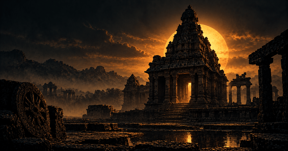 An ancient Indian temple illuminated at sunset among historic ruins