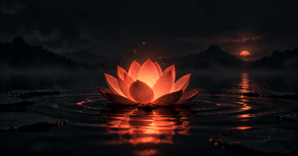 A glowing lotus reflected on still water at dusk