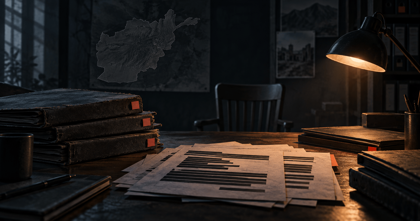 AI-generated editorial illustration of an archive desk, redacted papers and an empty chair with a map of Afghanistan