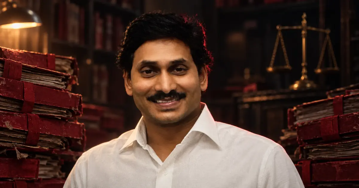 Editorial composite of Y. S. Jagan Mohan Reddy centered between red case files in a dim archive