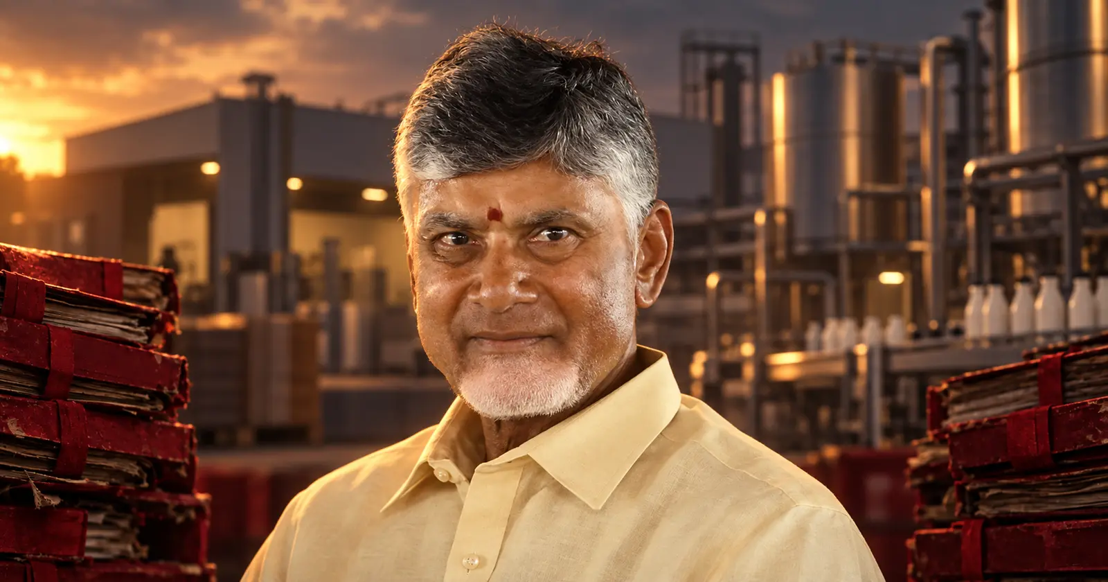 AI-assisted editorial composite of N. Chandrababu Naidu before an illustrative industrial backdrop and red-bound case files