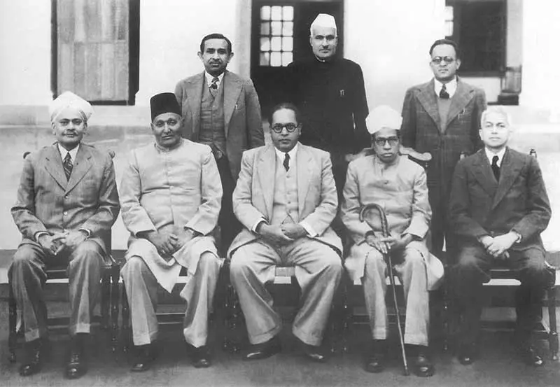 29 August 1947. The Drafting Committee on the day it was formed. Seated, left to right: N. Madhava Rao, Syed Muhammad Saadulla, B.R. Ambedkar (Chairman), Alladi Krishnaswami Ayyar, Sir B.N. Rau (Constitutional Adviser). Standing: S.N. Mukherjee (Chief Draftsman), Jugal Kishore Khanna, Kewal Krishnan.