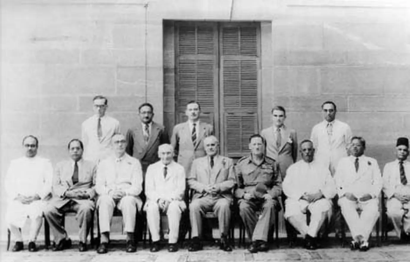 July 1942. The Viceroy's Executive Council after its expansion; the Viceroy, Lord Linlithgow, is seated at the centre in the light suit with the Commander-in-Chief in uniform beside him; Ambedkar, the new Labour Member, is seated in the front row.